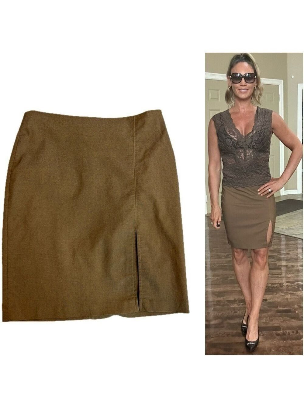 Initial rust brown mini pencil skirt side slit stretchy sexy business career M
